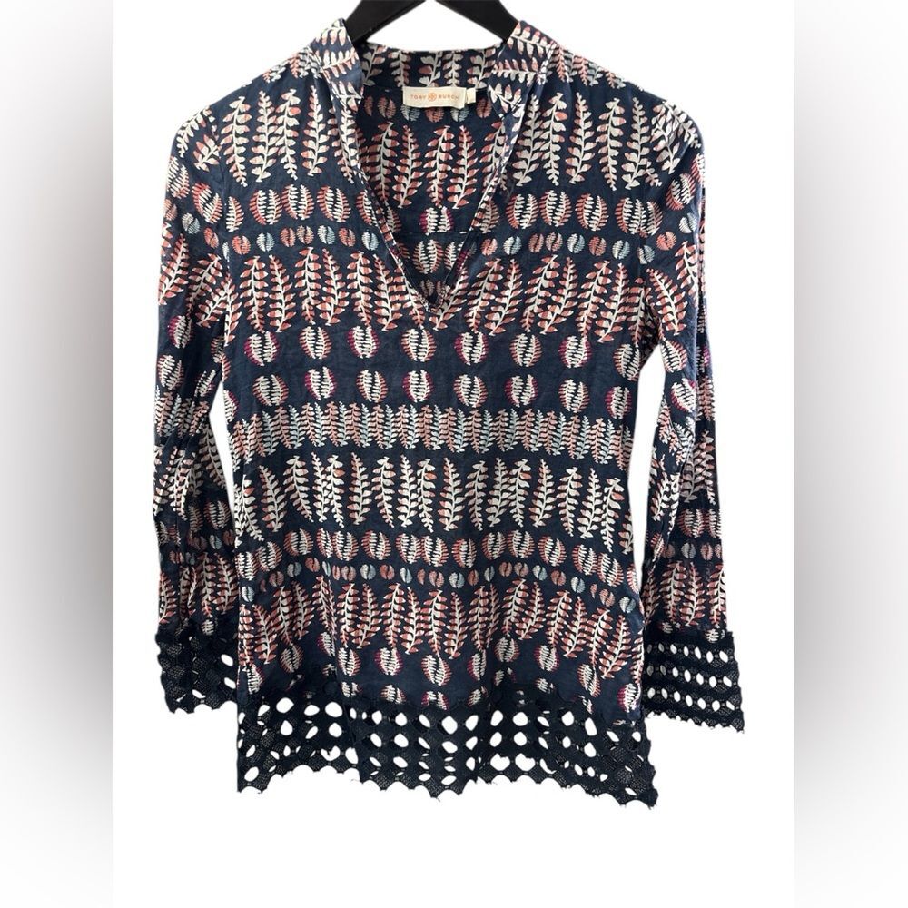 Tory Burch Navy Fern Long Sleeve Blouse V neck Career Casual Size 0 Preppy